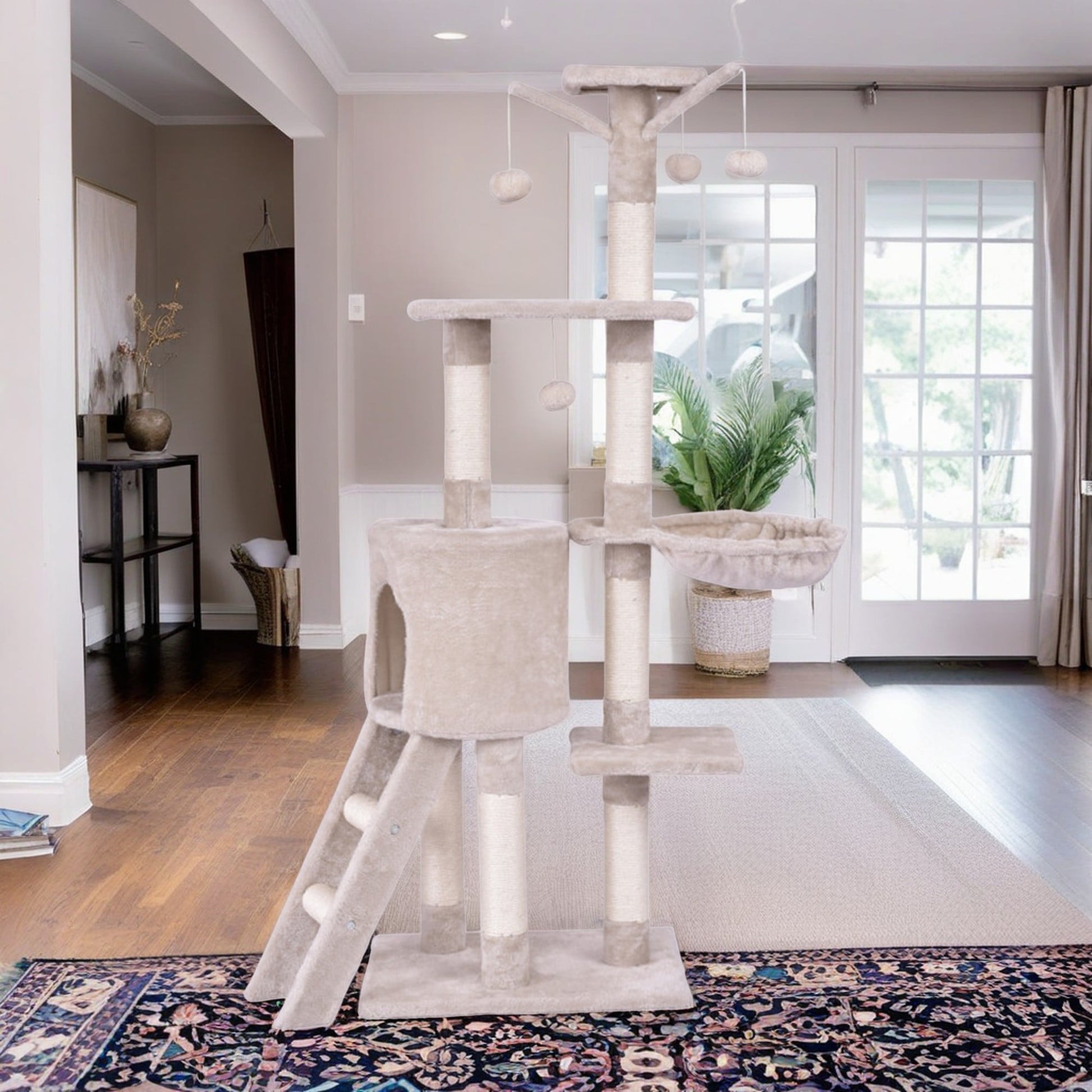 Deluxe 56" Cat Tree Tower with Ladder & Scratching Posts - Perfect Cat Condo for Multiple Cats - Beige Activity Center