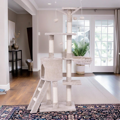 Deluxe 56" Cat Tree Tower with Ladder & Scratching Posts - Perfect Cat Condo for Multiple Cats - Beige Activity Center