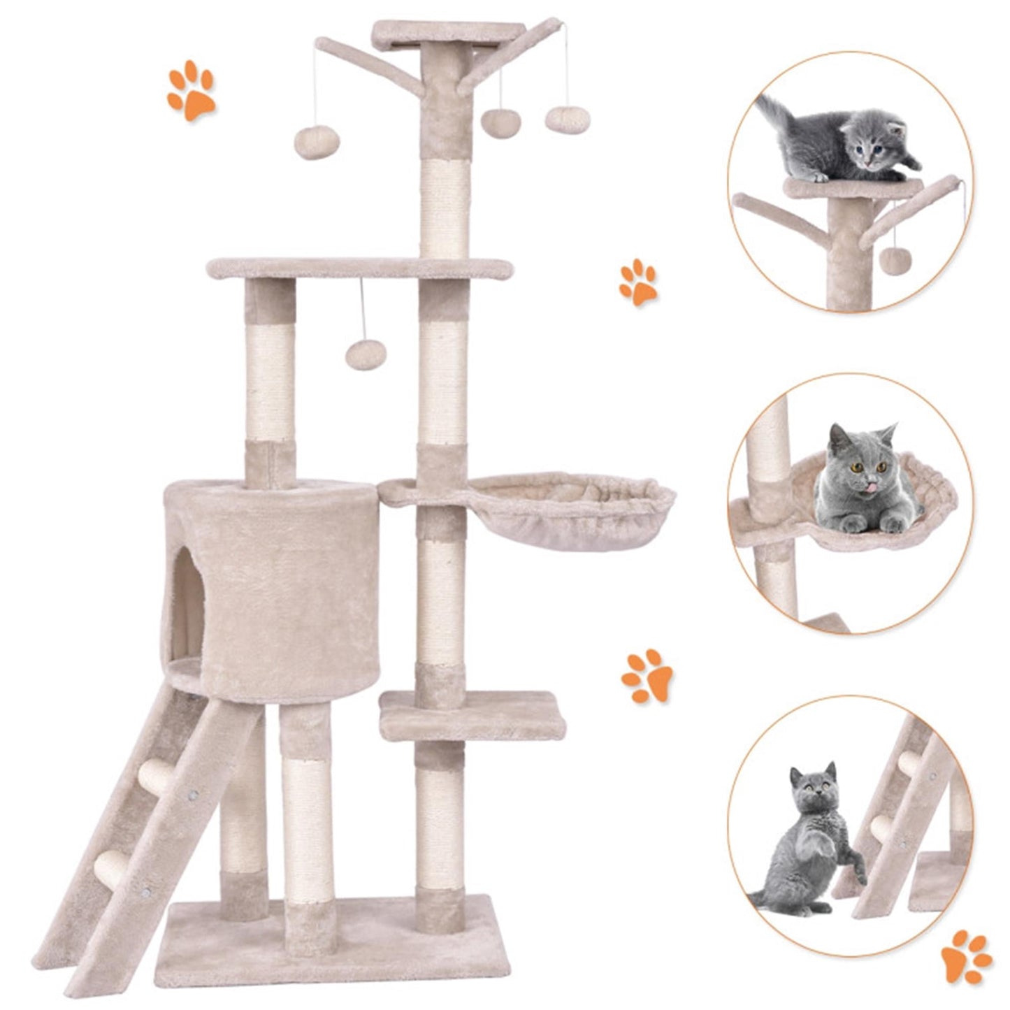 Deluxe 56" Cat Tree Tower with Ladder & Scratching Posts - Perfect Cat Condo for Multiple Cats - Beige Activity Center