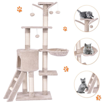 Deluxe 56" Cat Tree Tower with Ladder & Scratching Posts - Perfect Cat Condo for Multiple Cats - Beige Activity Center