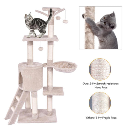 Deluxe 56" Cat Tree Tower with Ladder & Scratching Posts - Perfect Cat Condo for Multiple Cats - Beige Activity Center