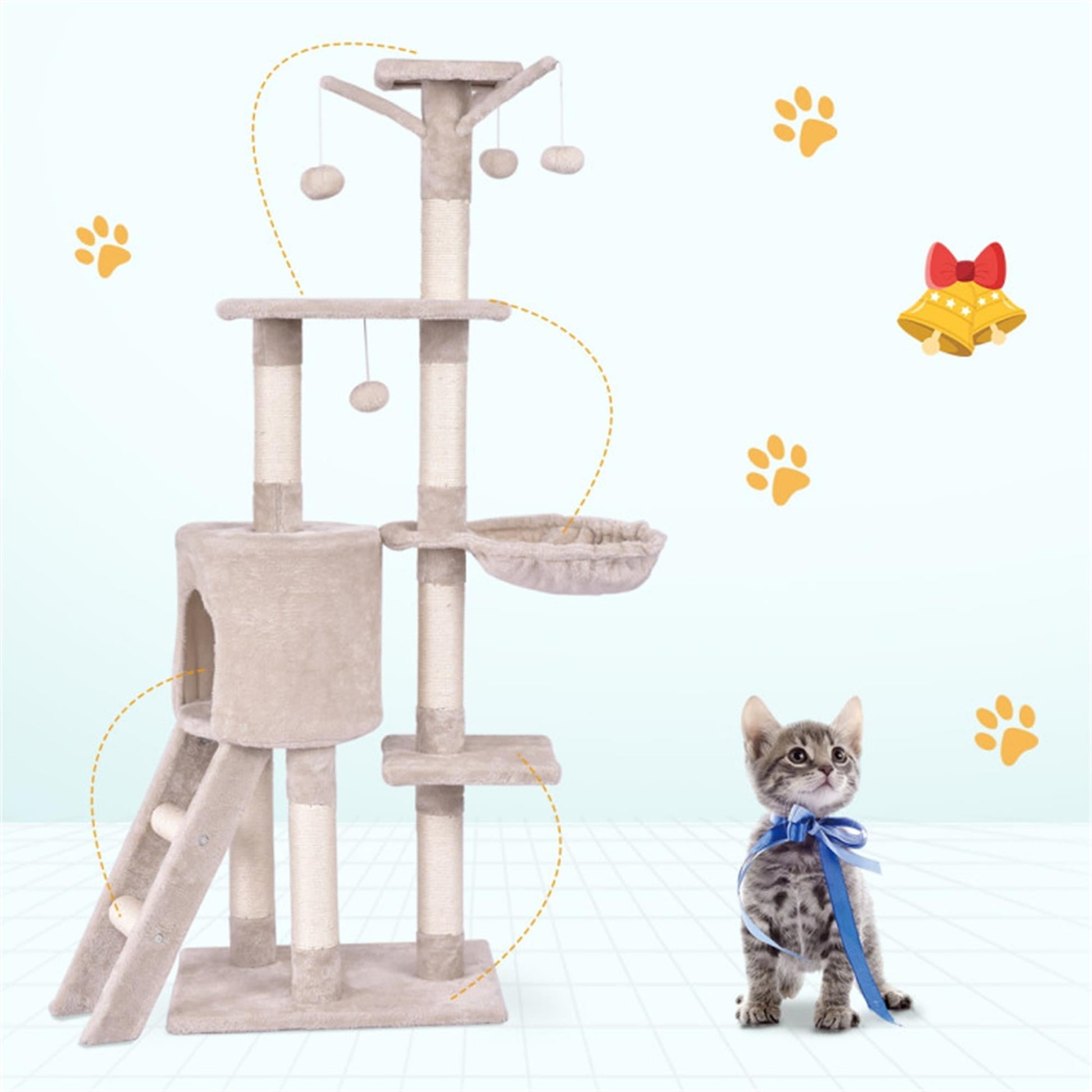 Deluxe 56" Cat Tree Tower with Ladder & Scratching Posts - Perfect Cat Condo for Multiple Cats - Beige Activity Center