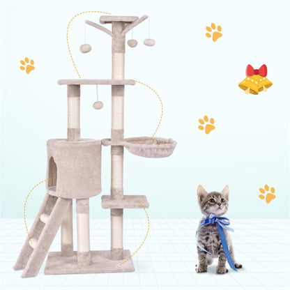 Deluxe 56" Cat Tree Tower with Ladder & Scratching Posts - Perfect Cat Condo for Multiple Cats - Beige Activity Center