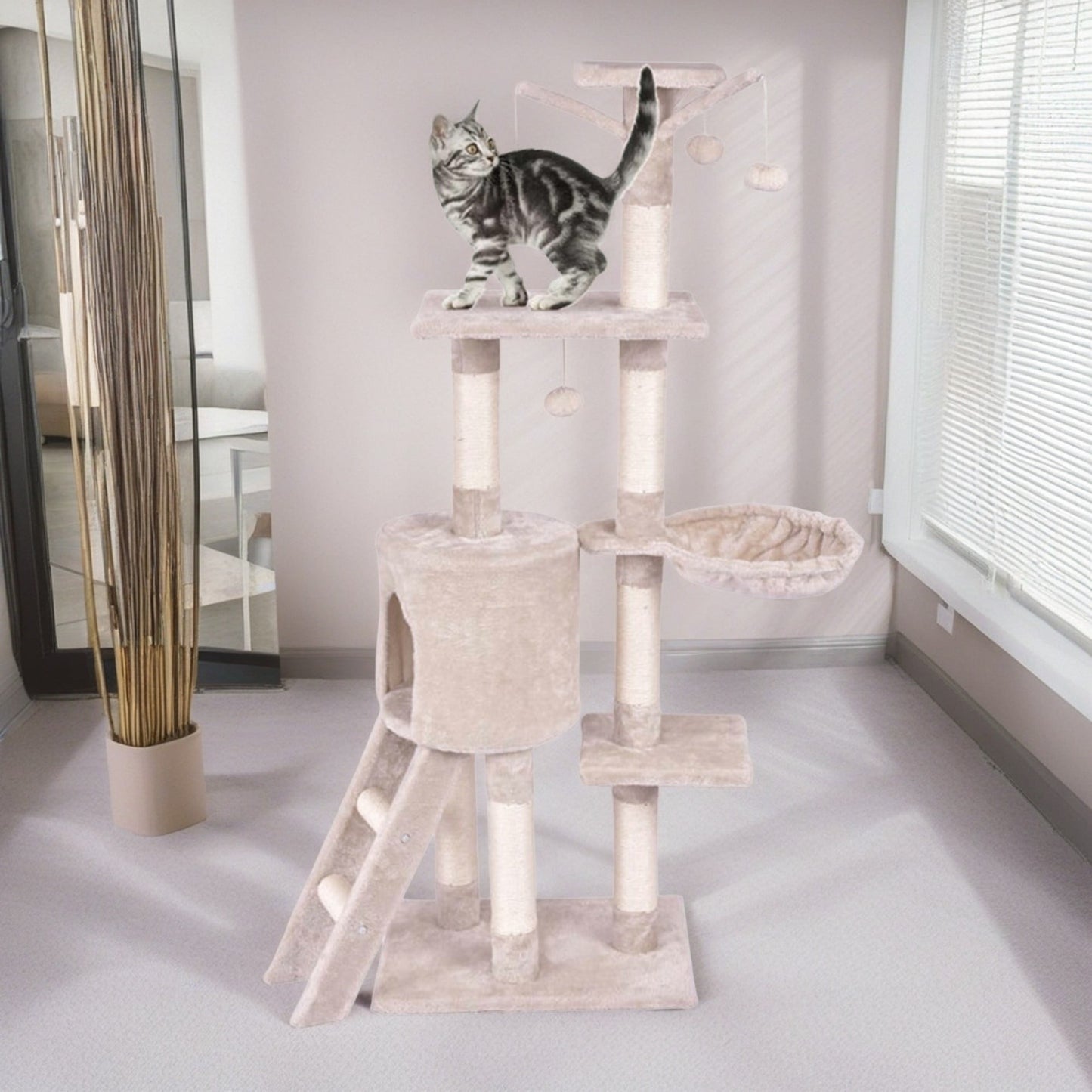 Deluxe 56" Cat Tree Tower with Ladder & Scratching Posts - Perfect Cat Condo for Multiple Cats - Beige Activity Center