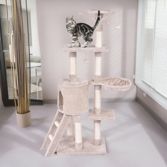 Deluxe 56" Cat Tree Tower with Ladder & Scratching Posts - Perfect Cat Condo for Multiple Cats - Beige Activity Center