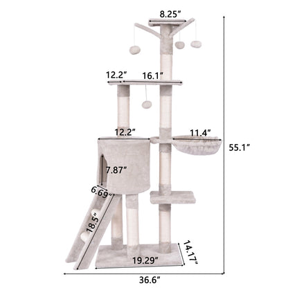 Deluxe 56" Cat Tree Tower with Ladder & Scratching Posts - Perfect Cat Condo for Multiple Cats - Beige Activity Center